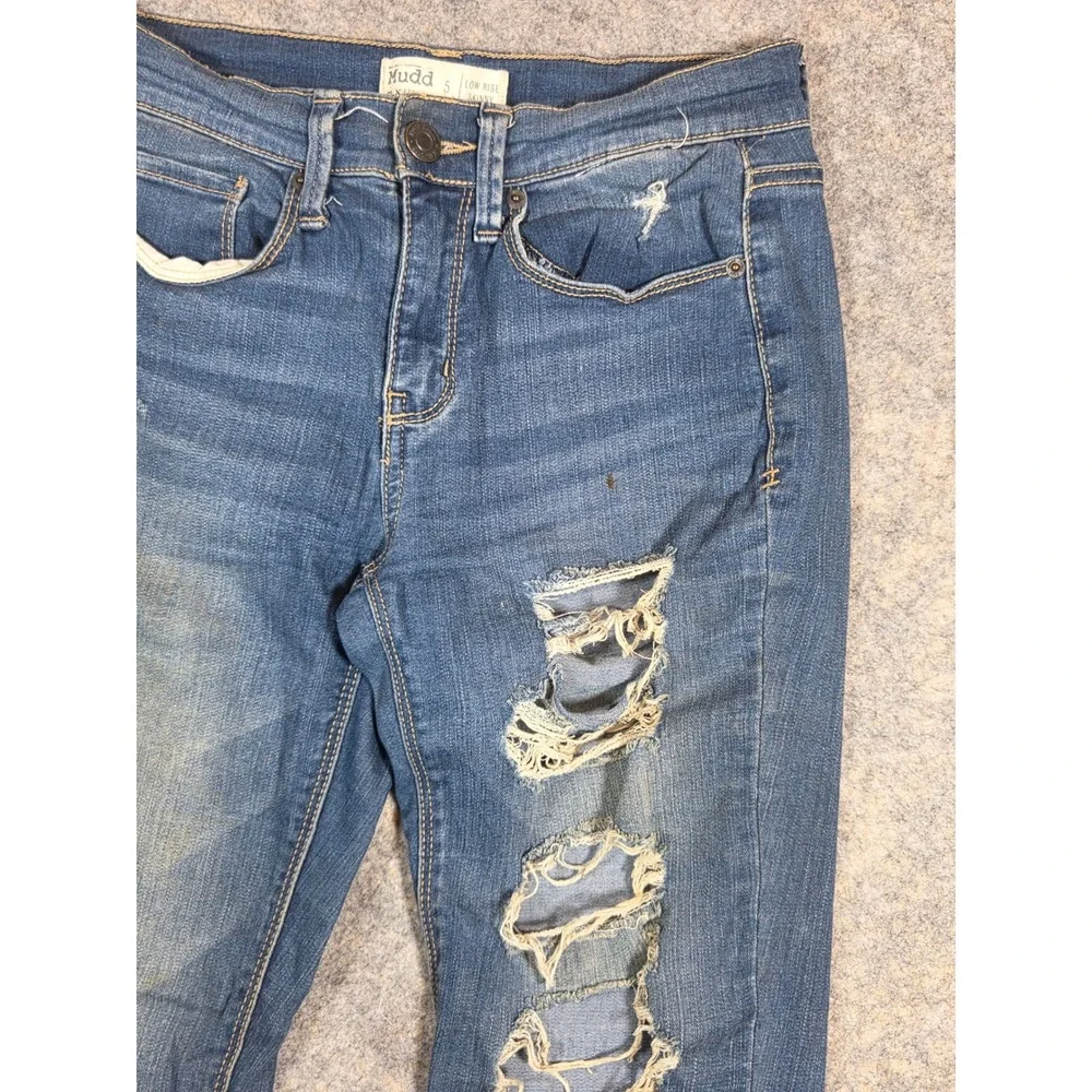 Y2K Mudd FLX Stretch Low Rise Skinny Jeans Medium Wash Distressed Denim Womens 5 - Picture 5 of 15